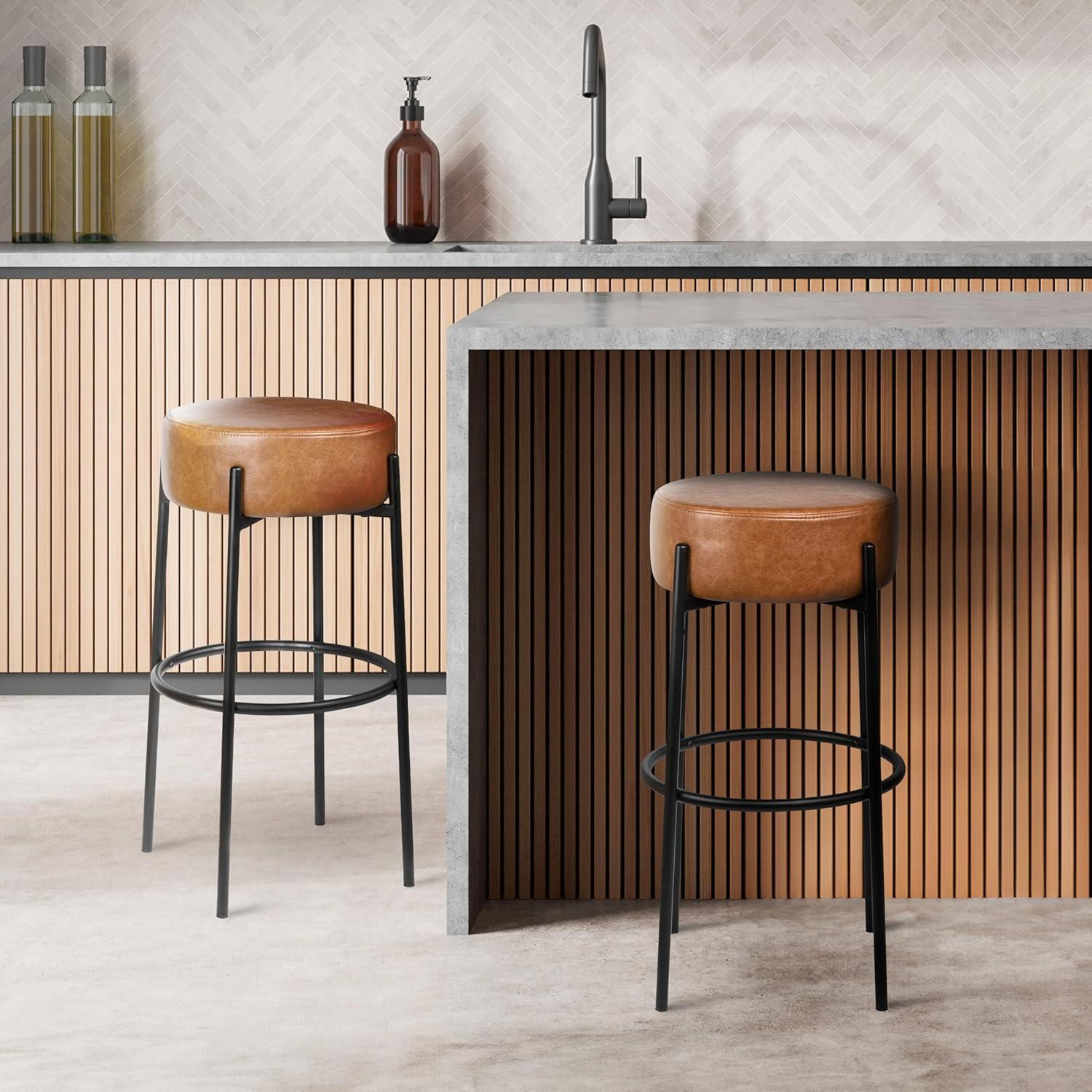 imageJONATHAN Y BSL2000A Paola 30quot Modern Minimalist Round Backless MetalVegan Leather Cushioned Bar Stool for Home Kitchen Dining Room Workspaces Caramel BrownBlackCaramel Brown