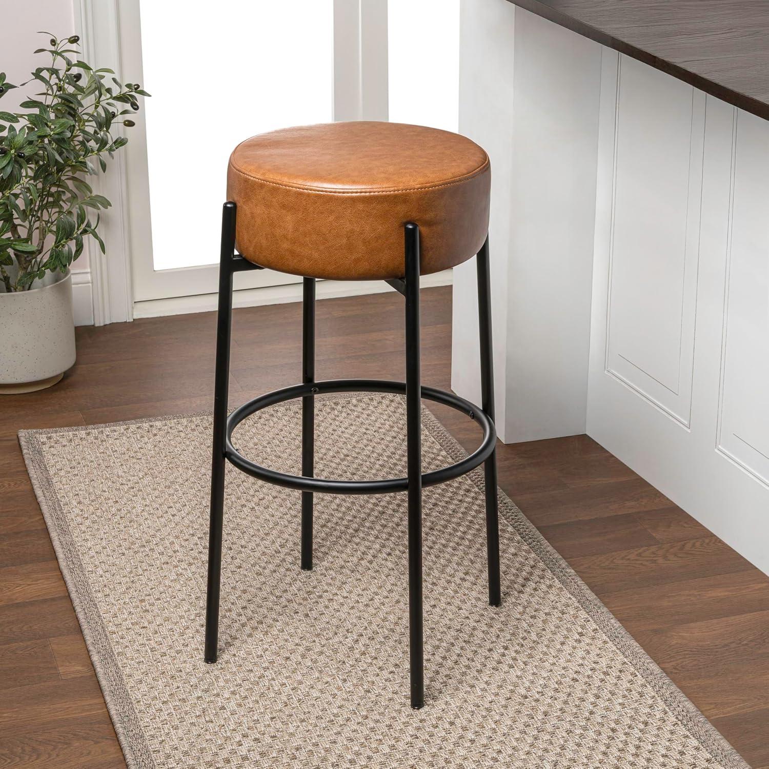 imageJONATHAN Y BSL2000A Paola 30quot Modern Minimalist Round Backless MetalVegan Leather Cushioned Bar Stool for Home Kitchen Dining Room Workspaces Caramel BrownBlackCaramel Brown
