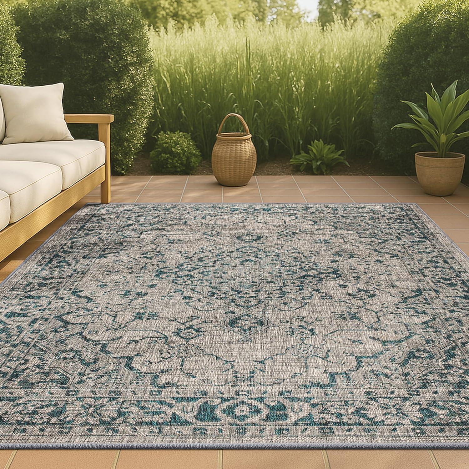 imageJONATHAN Y Boho Medallion Indoor Outdoor Area Rug 8X10 GrayTeal Rozetta Textured Weave for Backyard Patio Porch EasyCleaning High Traffic PetFriendly NonShedding SMB102C8GrayTeal