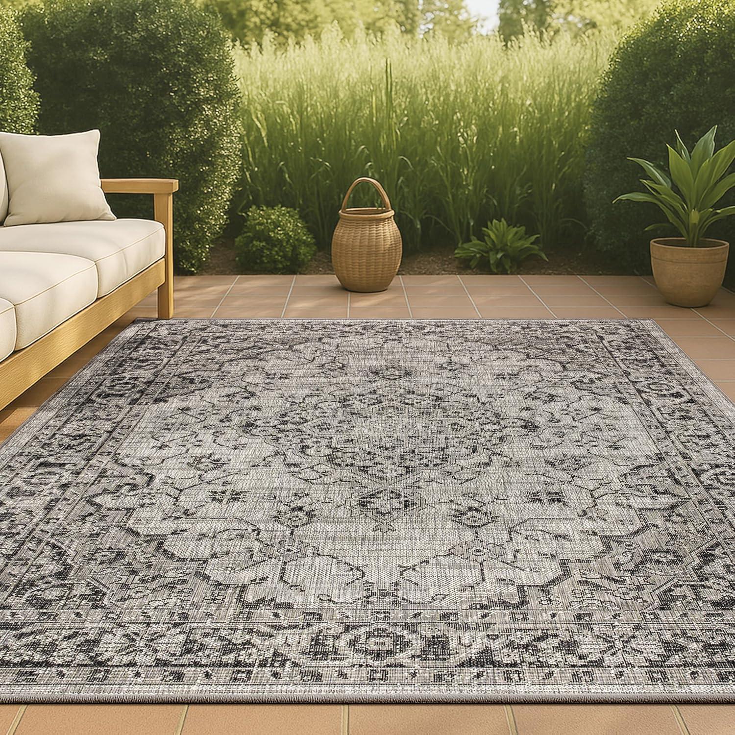 imageJONATHAN Y Boho Medallion Indoor Outdoor Area Rug 8X10 GrayTeal Rozetta Textured Weave for Backyard Patio Porch EasyCleaning High Traffic PetFriendly NonShedding SMB102C8GrayBlack