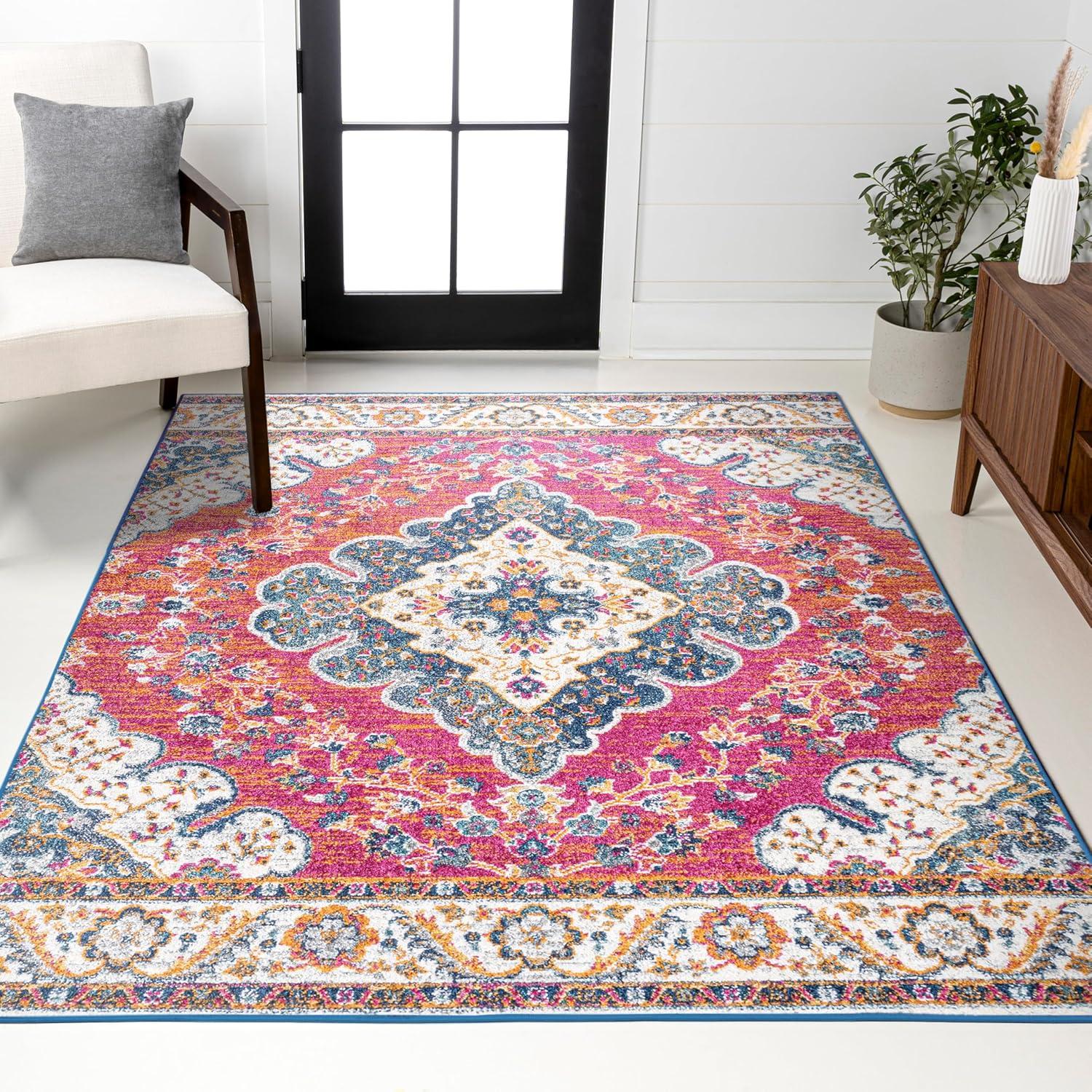imageJONATHAN Y Boho Vintage BlueMulti Indoor Area Rug 8x10 Bohemian Flair Medallion Floral EasyCleaning High Traffic for Living Room Bedroom Kitchen PetFriendly NonShedding BMF106A8FuchsiaWhite