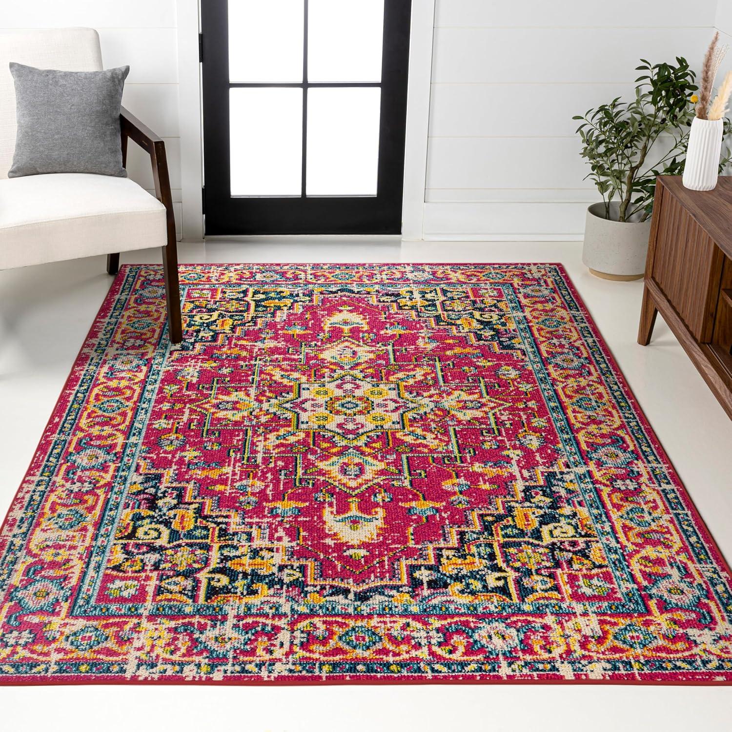 imageJONATHAN Y Brooklyn Geometric Medallion OrangeBlue Indoor Area Rug 8x10 Vintage Bohemian EasyCleaning for Living Room Bedroom Kitchen Pet Friendly NonShedding MDP207D8Red
