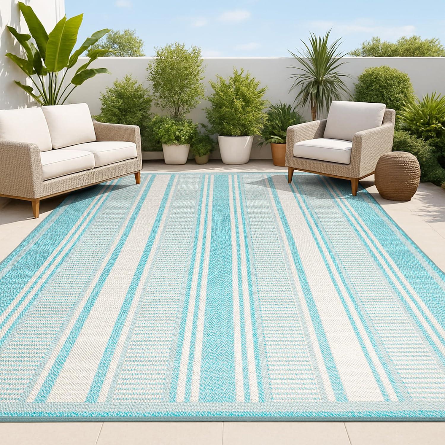 imageJONATHAN Y Double Stripe Indoor Outdoor Area Rug 8X10 OrangeCream Haynes Modern for Backyard Patio Porch EasyCleaning High Traffic PetFriendly NonShedding SMB202C8AquaBeige