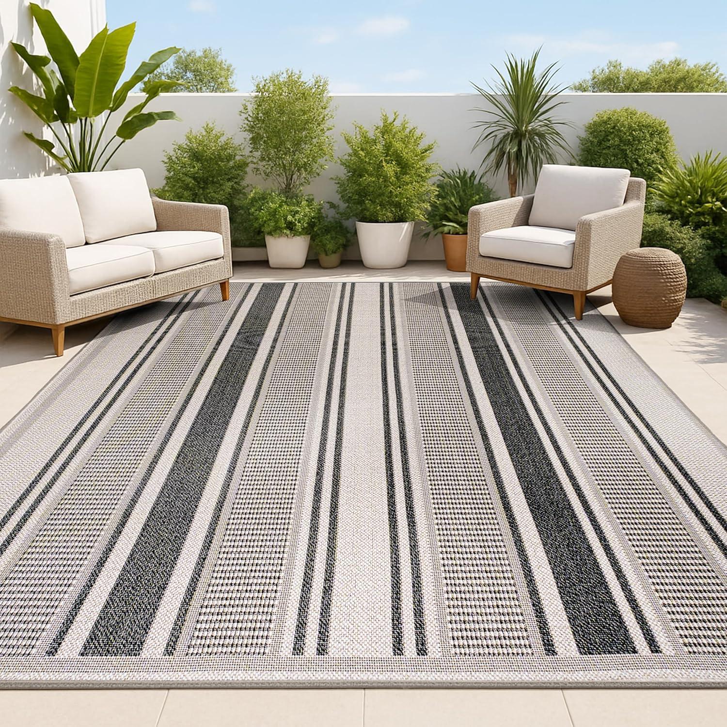 imageJONATHAN Y Double Stripe Indoor Outdoor Area Rug 8X10 OrangeCream Haynes Modern for Backyard Patio Porch EasyCleaning High Traffic PetFriendly NonShedding SMB202C8BlackBeige