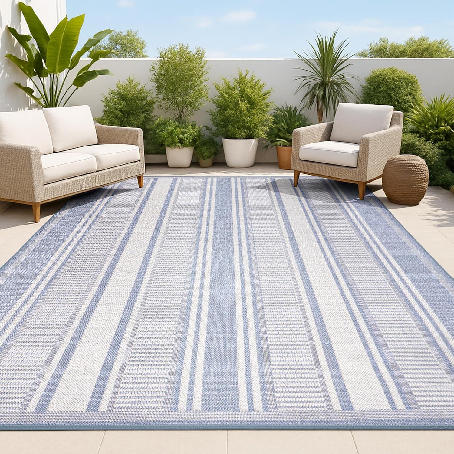 imageJONATHAN Y Double Stripe Indoor Outdoor Area Rug 8X10 OrangeCream Haynes Modern for Backyard Patio Porch EasyCleaning High Traffic PetFriendly NonShedding SMB202C8BlueLight Gray