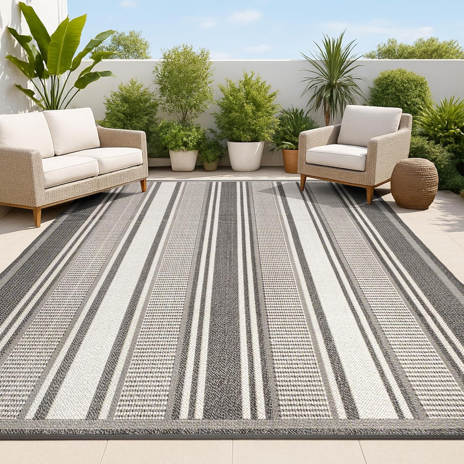 imageJONATHAN Y Double Stripe Indoor Outdoor Area Rug 8X10 OrangeCream Haynes Modern for Backyard Patio Porch EasyCleaning High Traffic PetFriendly NonShedding SMB202C8BlackCream