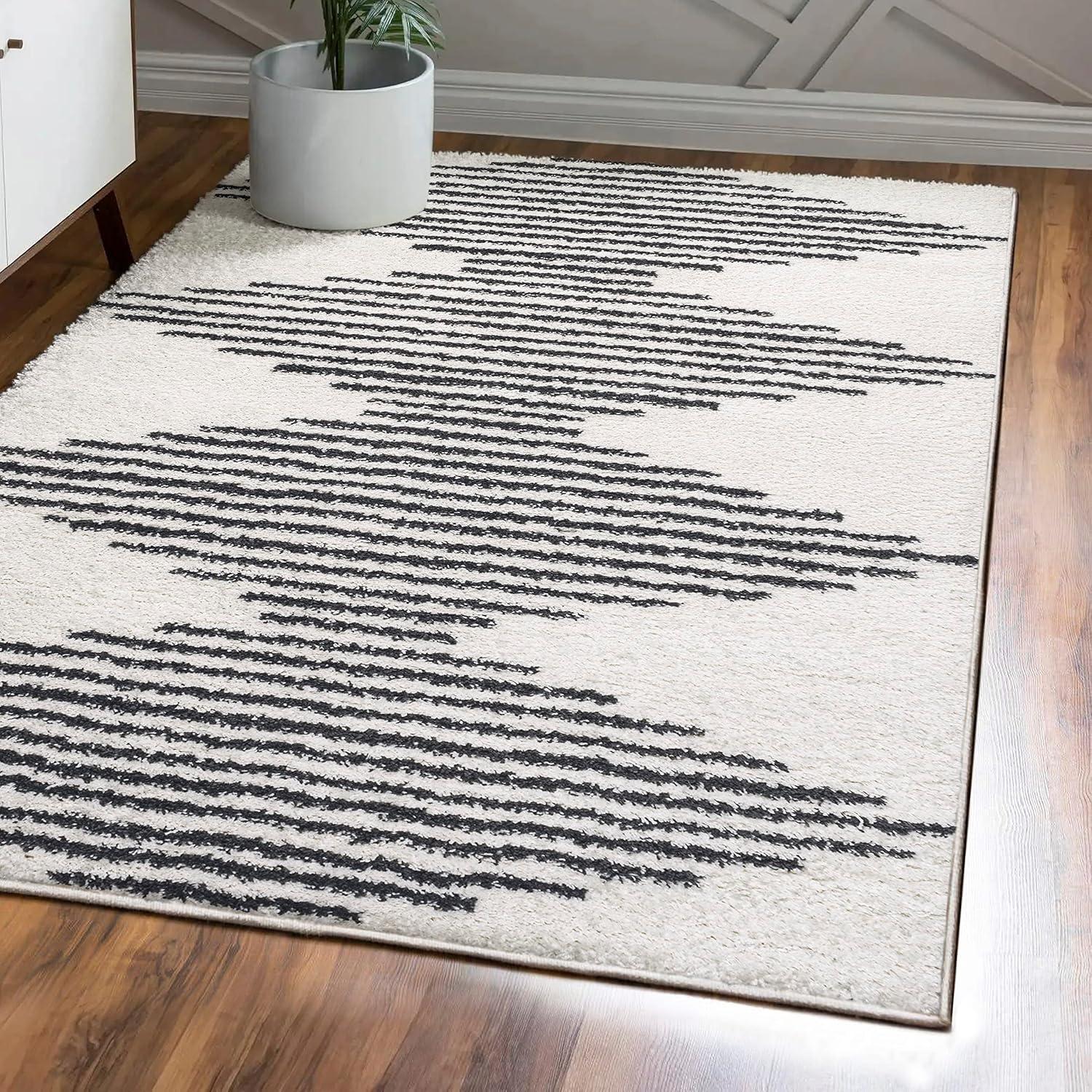 imageJONATHAN Y Elm Diamond Stripe Shag WhiteGray Indoor Area Rug 8x10 Geometric Bohemian Contemporary EasyCleaning for Living Room Bedroom Kitchen Pet Friendly NonShedding MOH408A8WhiteGray