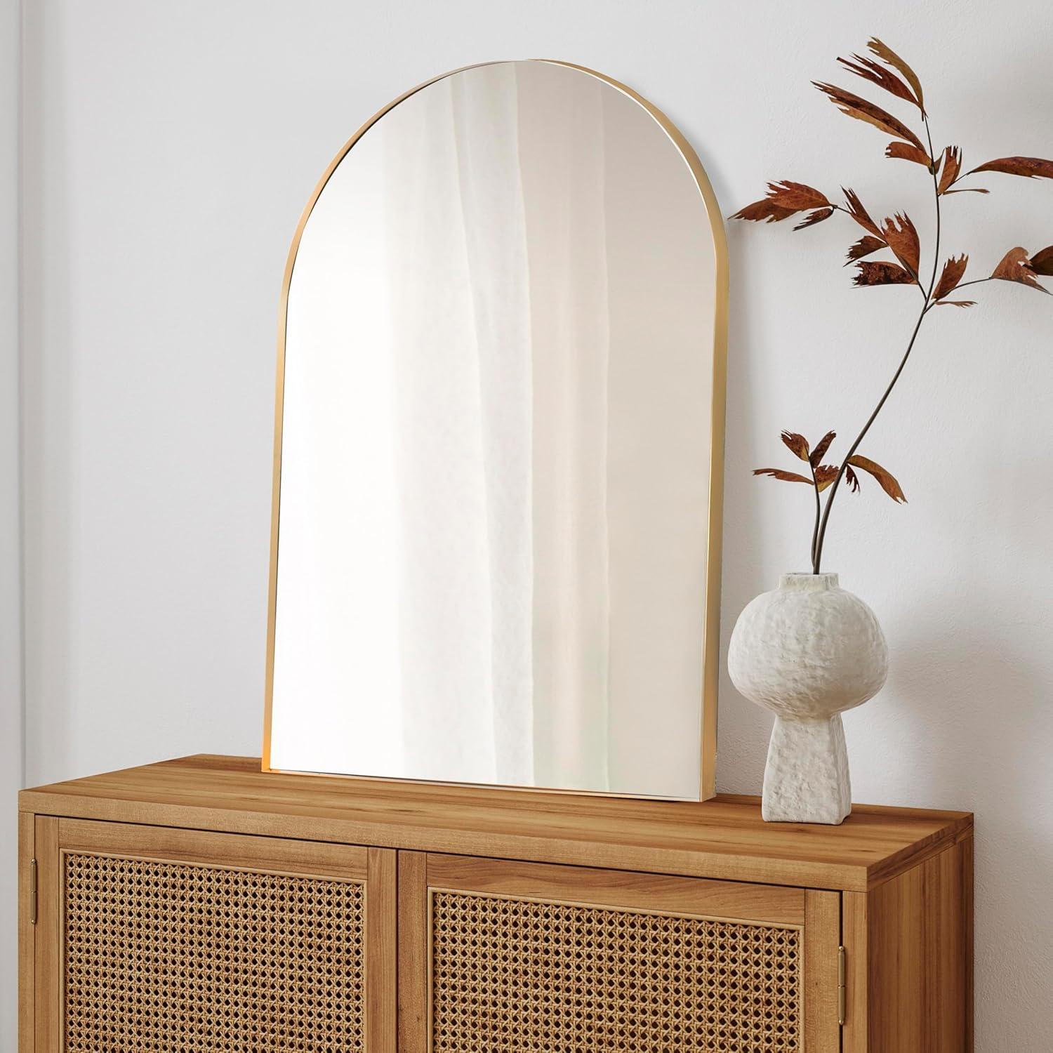 imageJONATHAN Y MIR204B Elodie 24 in W x 36 in H Medium Arched Metal Framed Wall Mounted Mirror WallHung or Leaning for Bathroom Living Room Bedroom NickelGold