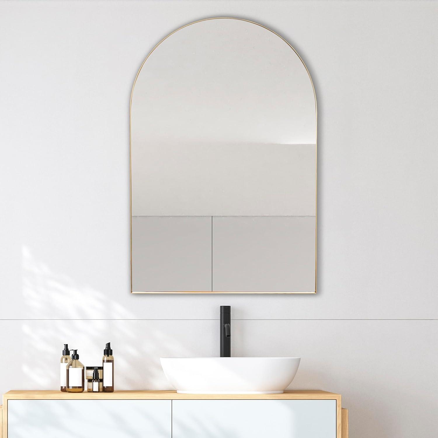 imageJONATHAN Y MIR204B Elodie 24 in W x 36 in H Medium Arched Metal Framed Wall Mounted Mirror WallHung or Leaning for Bathroom Living Room Bedroom NickelGold