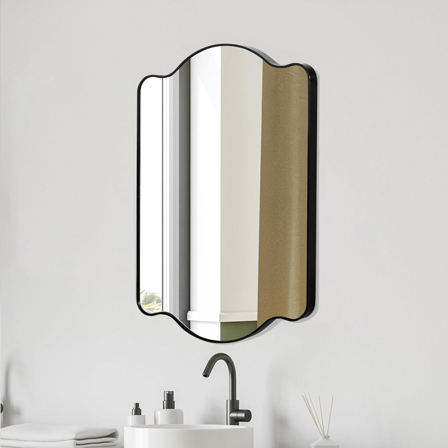 imageJONATHAN Y MIR205B Louisa 24 in W x 36 in H Medium Scalloped Rectangular Metal Framed Wall Mirror for Bathroom Living Room Bedroom NickelBlack
