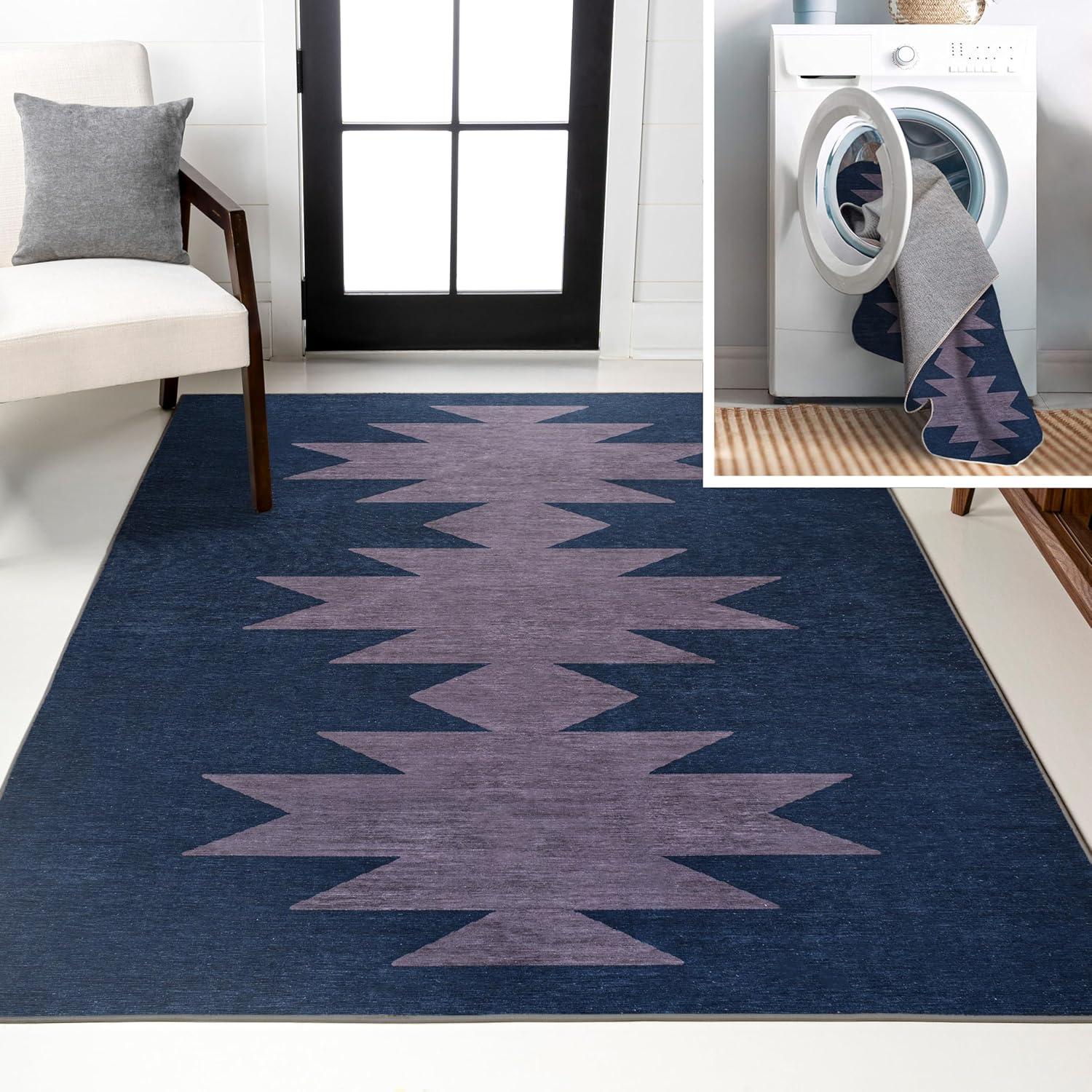 imageJONATHAN Y Machine Washable MossCream Indoor Area Rug 5X8 ft Chayton Minimalist Geometric for Living Room Bedroom Kitchen Office EasyCleaning PetFriendly NonShedding WSH110B5NavyPurple