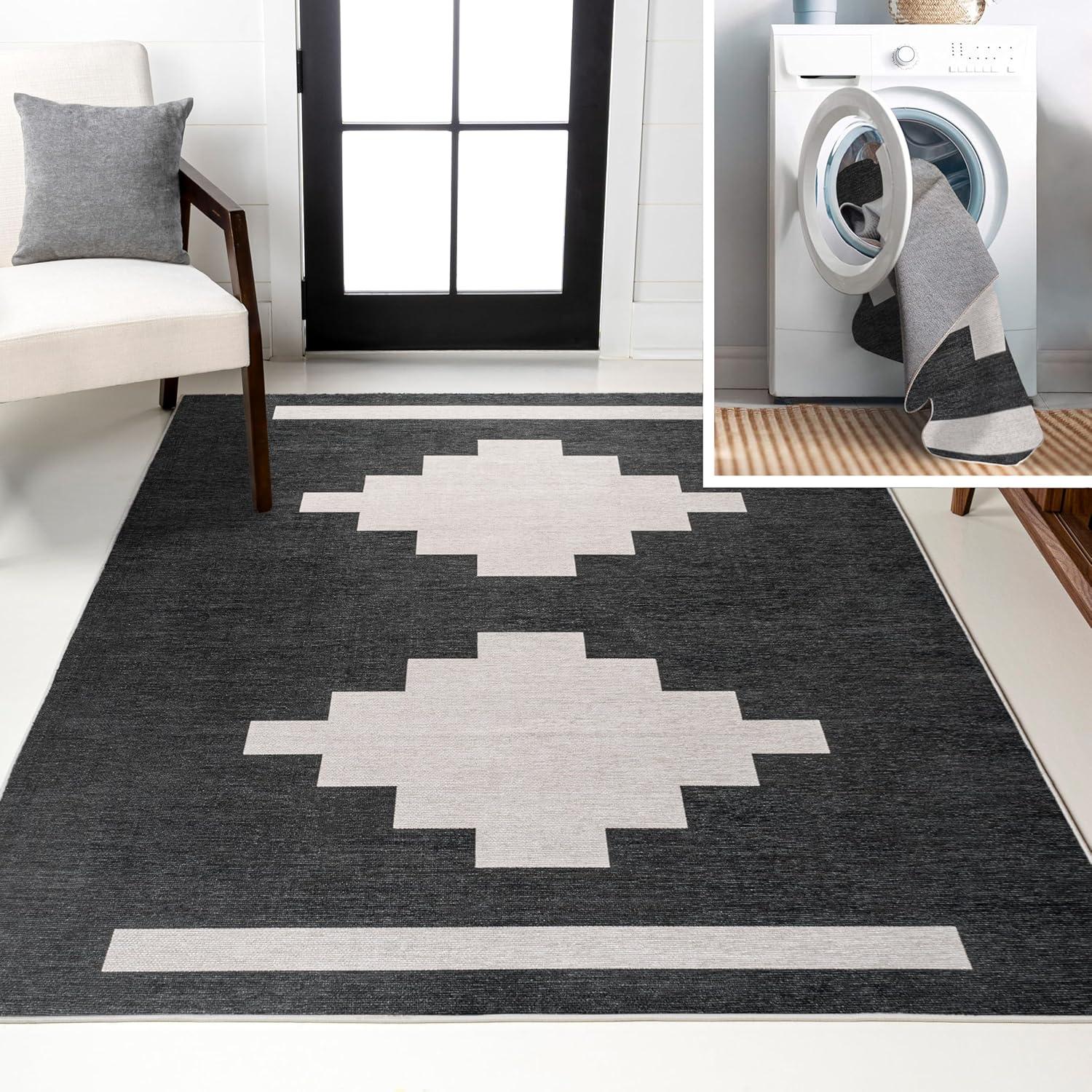 imageJONATHAN Y Machine Washable MossCream Indoor Area Rug 5X8 ft Chayton Minimalist Geometric for Living Room Bedroom Kitchen Office EasyCleaning PetFriendly NonShedding WSH110B5BlackCream