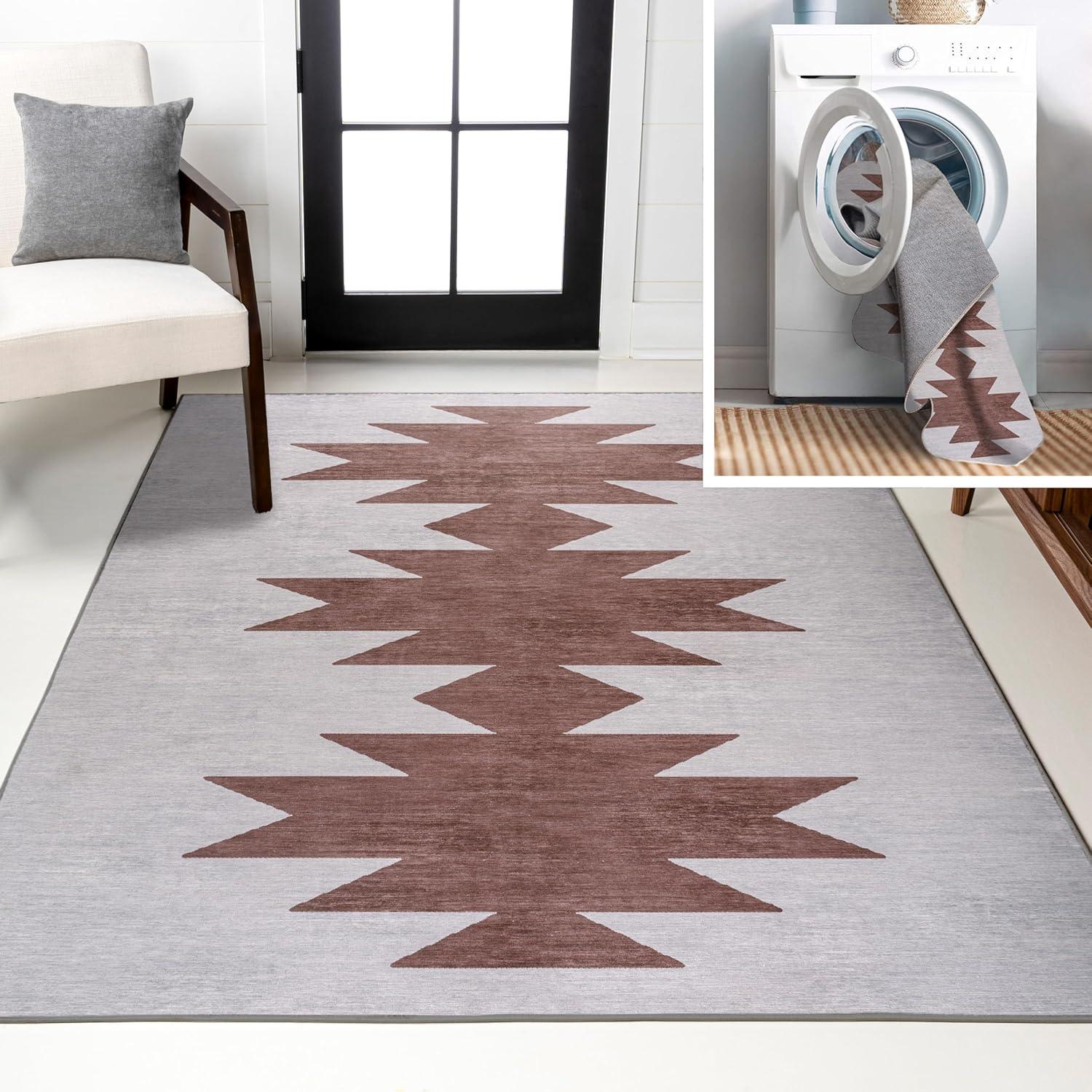 imageJONATHAN Y Machine Washable MossCream Indoor Area Rug 5X8 ft Chayton Minimalist Geometric for Living Room Bedroom Kitchen Office EasyCleaning PetFriendly NonShedding WSH110B5GrayBrown