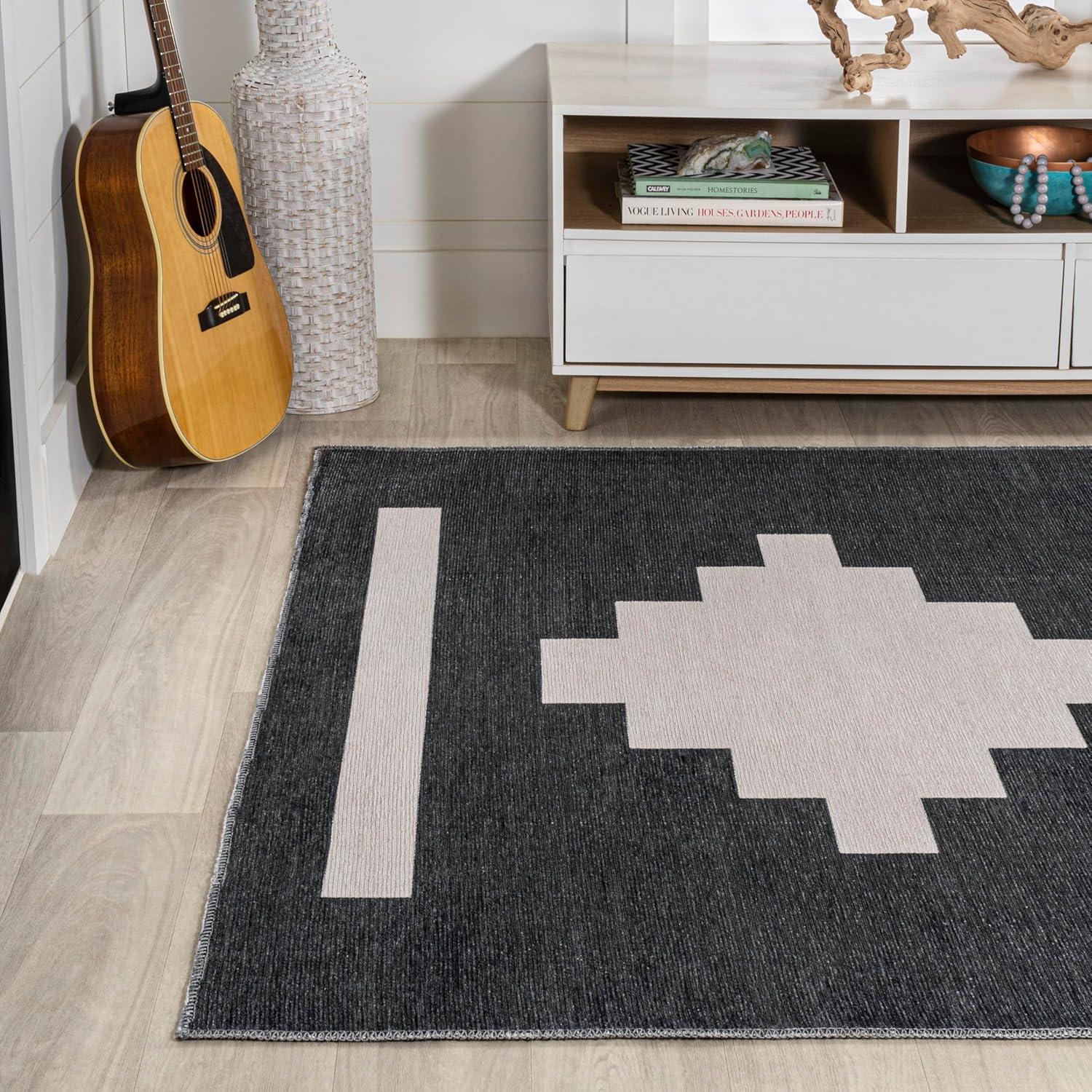 imageJONATHAN Y Machine Washable MossCream Indoor Area Rug 5X8 ft Chayton Minimalist Geometric for Living Room Bedroom Kitchen Office EasyCleaning PetFriendly NonShedding WSH110B5BlackCream