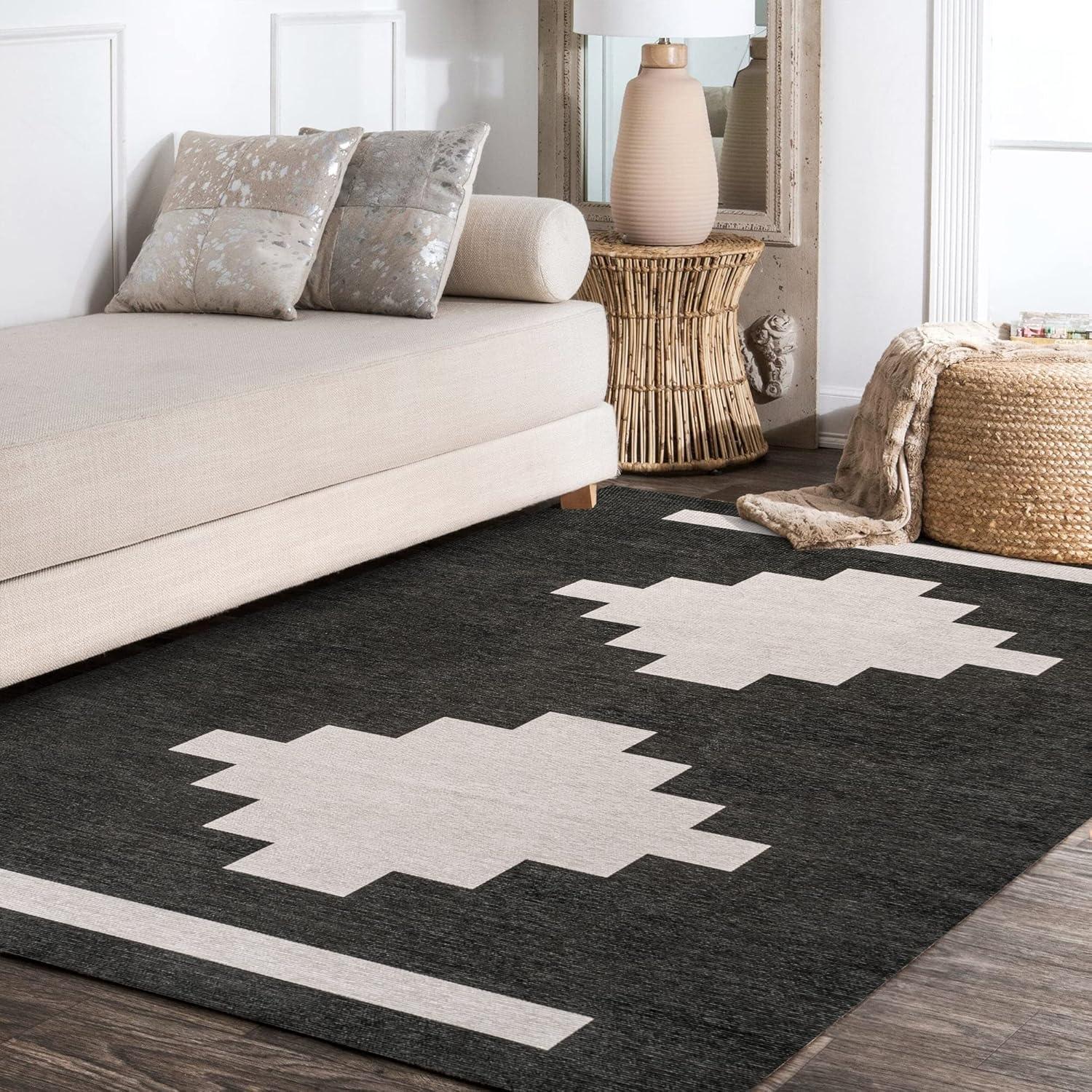 imageJONATHAN Y Machine Washable MossCream Indoor Area Rug 5X8 ft Chayton Minimalist Geometric for Living Room Bedroom Kitchen Office EasyCleaning PetFriendly NonShedding WSH110B5BlackCream