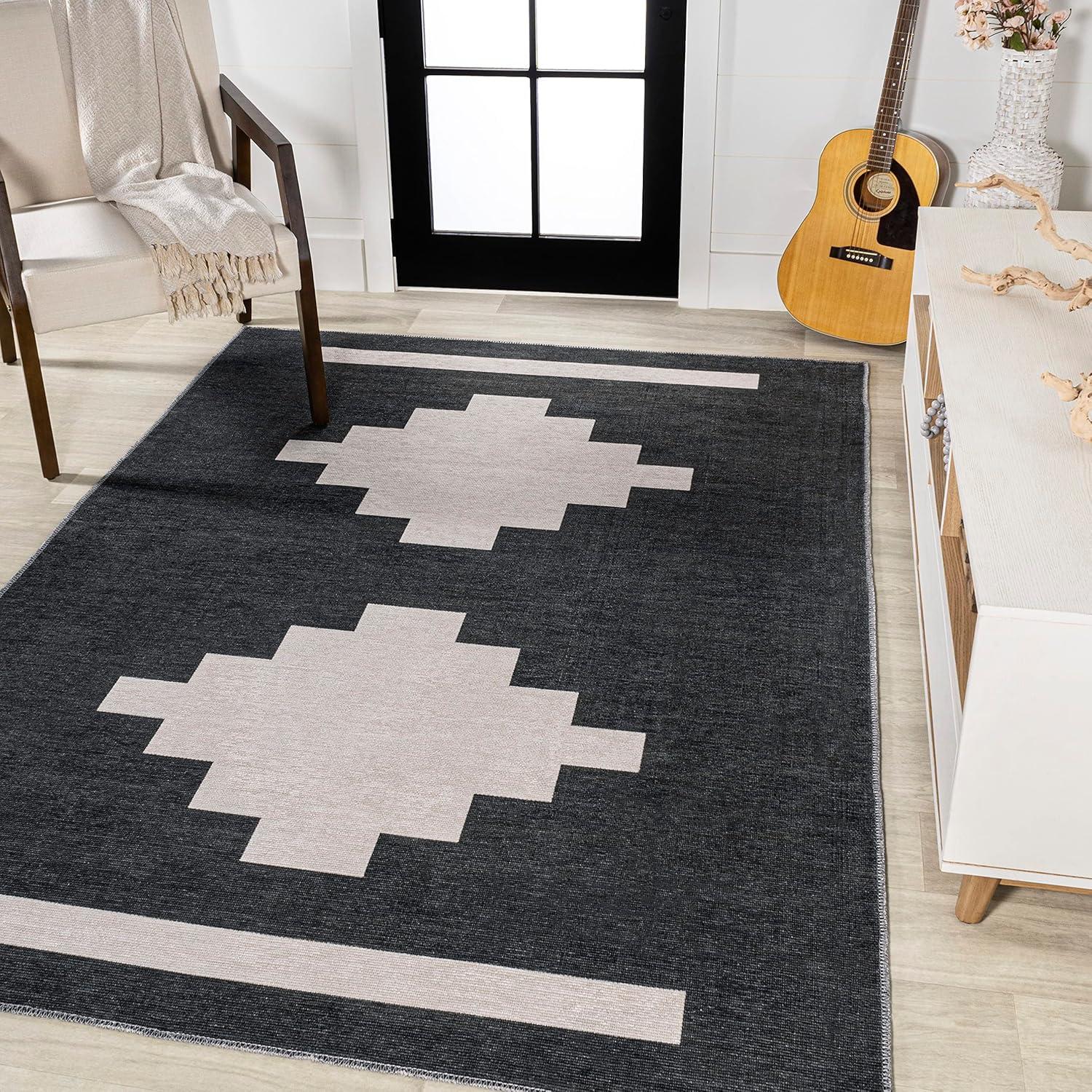 imageJONATHAN Y Machine Washable MossCream Indoor Area Rug 5X8 ft Chayton Minimalist Geometric for Living Room Bedroom Kitchen Office EasyCleaning PetFriendly NonShedding WSH110B5BlackCream