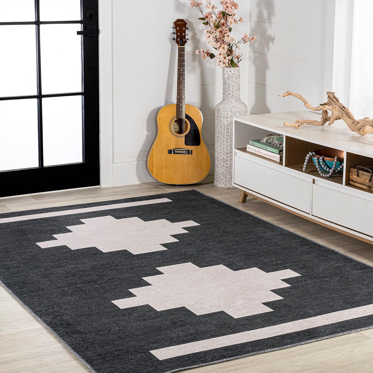 imageJONATHAN Y Machine Washable MossCream Indoor Area Rug 5X8 ft Chayton Minimalist Geometric for Living Room Bedroom Kitchen Office EasyCleaning PetFriendly NonShedding WSH110B5BlackCream