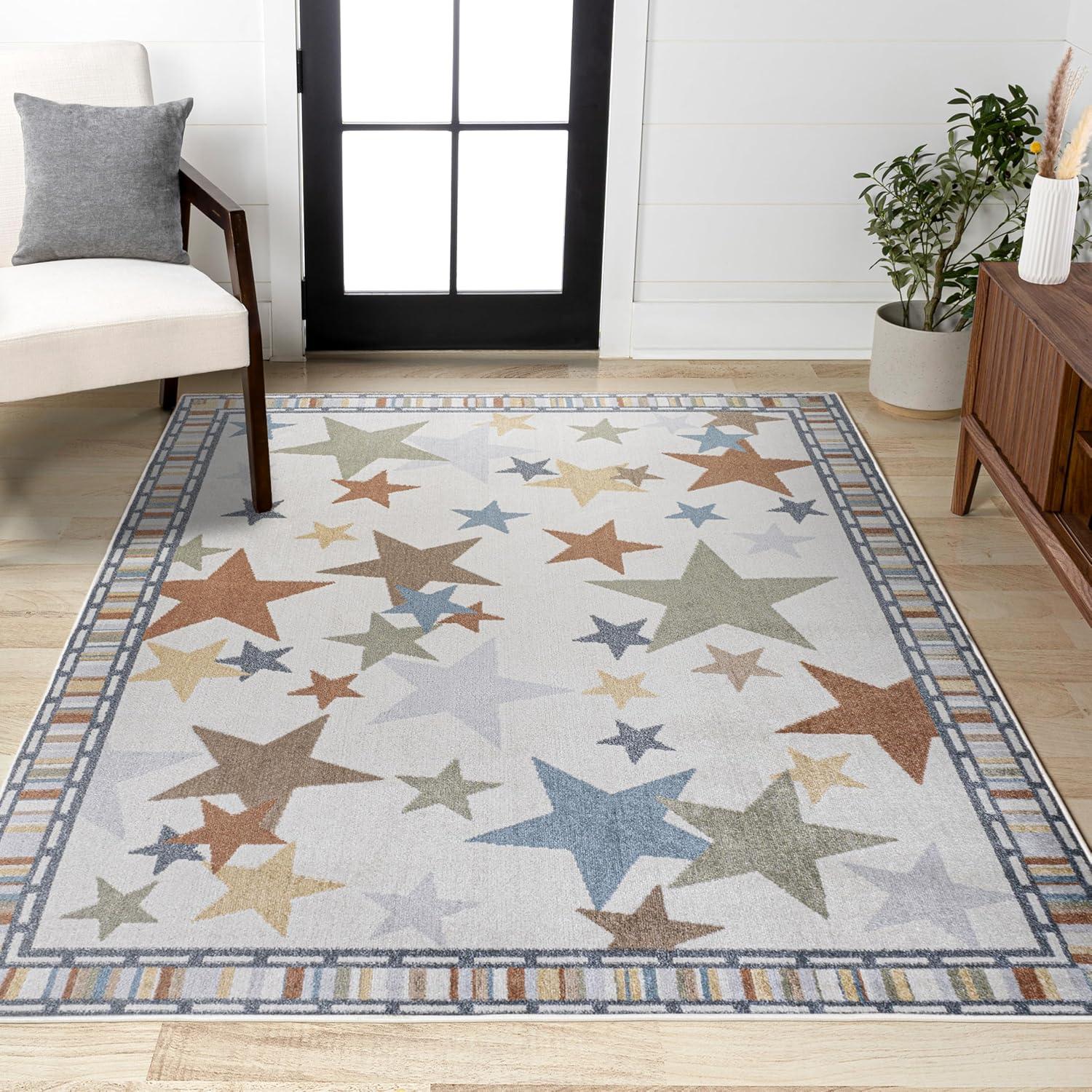 imageJONATHAN Y MachineWashable IvoryBlueOrange Indoor Area Rug 5x8 Dila Modern Hearts Geometric Kids ampamp Novelty Vintage Bedroom Kitchen Living Room EasyCleaning NonShedding KDW101A5IvoryBlueOrange Stars