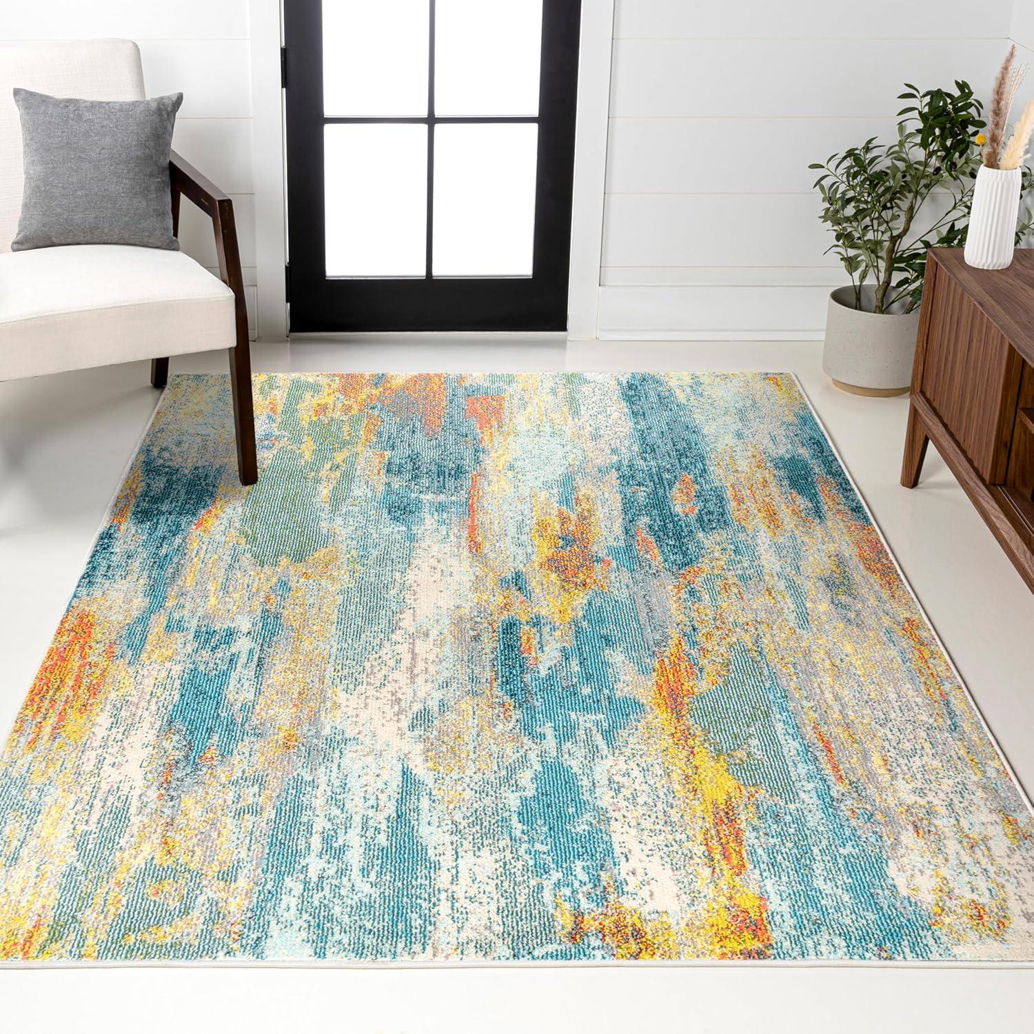 imageJONATHAN Y Modern Abstract Vintage Waterfall BlueBrownOrange Indoor Area Rug 8x10 Contemporary POP EasyCleaning for Living Room Bedroom Kitchen Pet Friendly NonShedding CTP106A8BlueCreamYellow