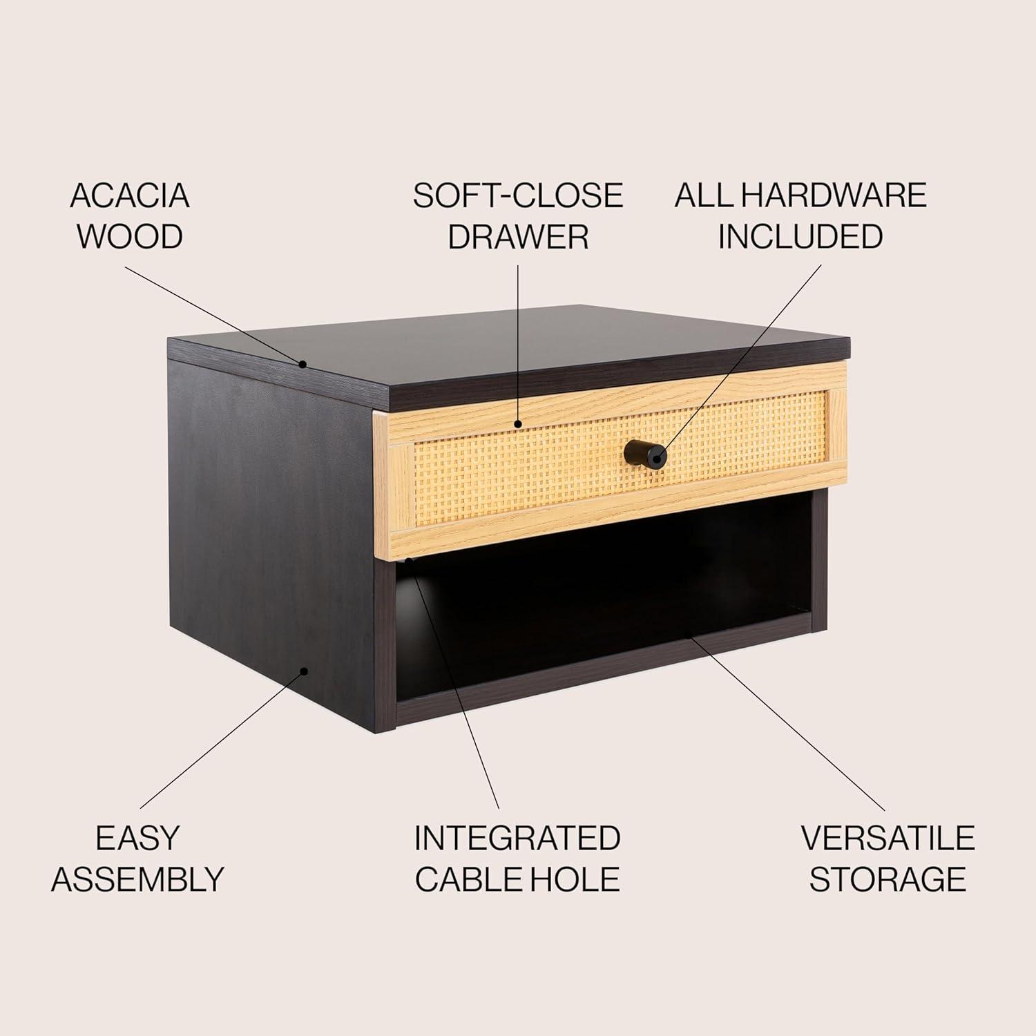 imageJONATHAN Y NST2001A Elise 1571quot Classic Contemporary Floating Wall Mounted Nightstand with SoftClose Tambour Drawer and Cable Hole BlackLight OakBlackLight Oak