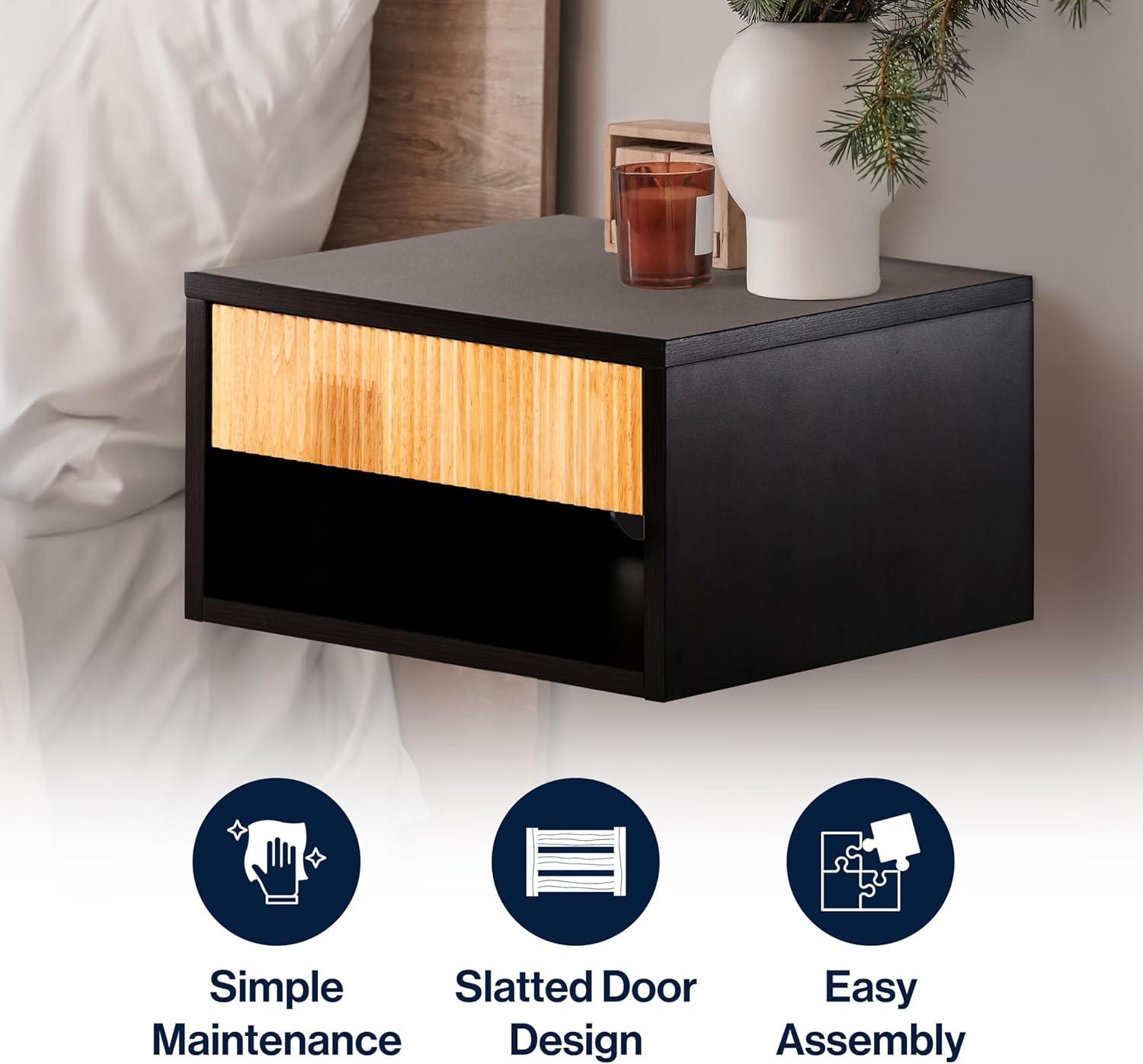 imageJONATHAN Y NST2001A Elise 1571quot Classic Contemporary Floating Wall Mounted Nightstand with SoftClose Tambour Drawer and Cable Hole BlackLight OakBlackLight Oak