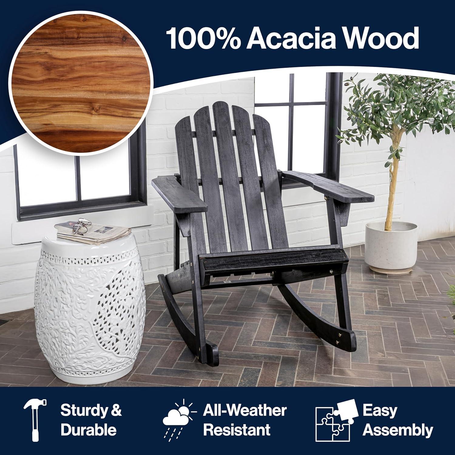 imageJONATHAN Y PAT1000A Kiawah Outdoor Patio Classic Acacia Wood Adirondack Rocking Chair for Garden Lawn Backyard Pool Deck Beach Firepit Light BrownBlack