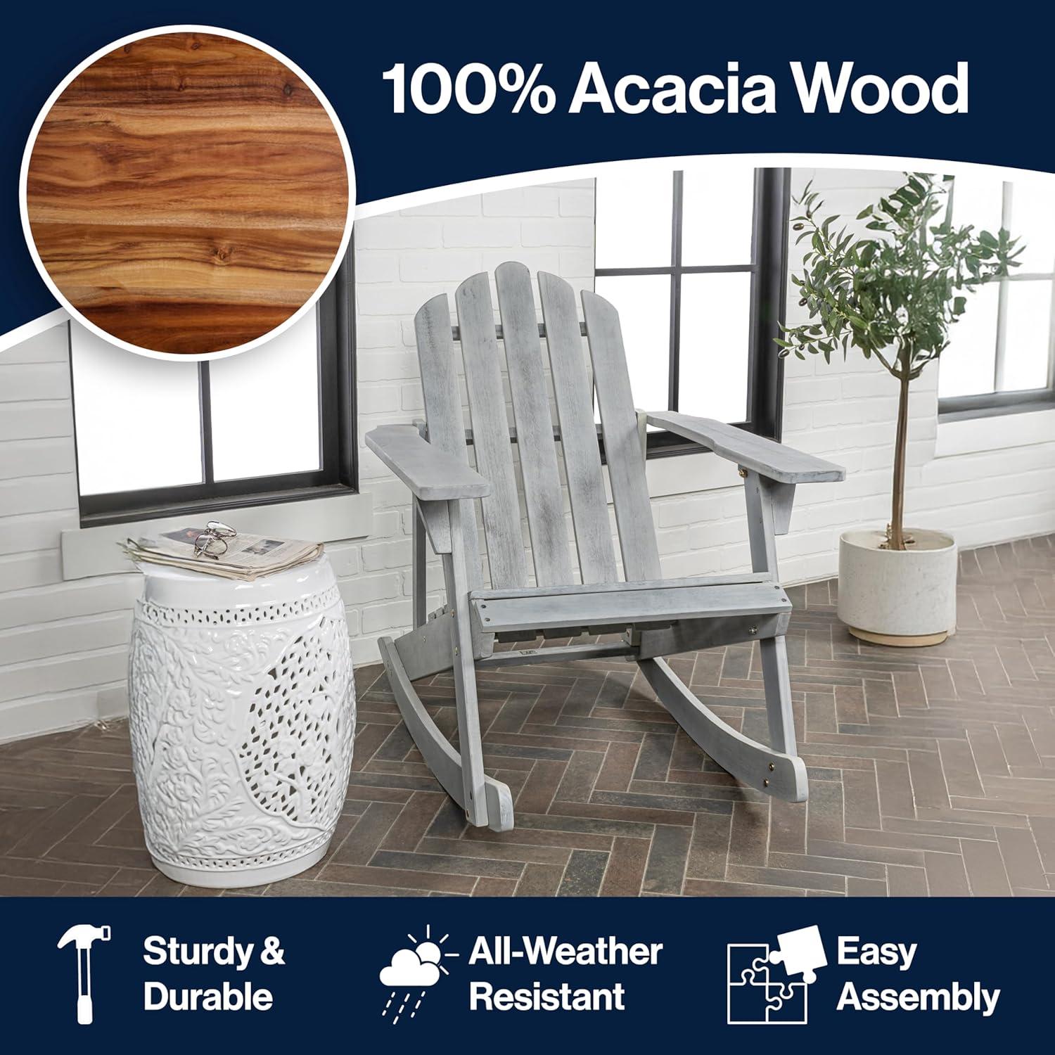 imageJONATHAN Y PAT1000A Kiawah Outdoor Patio Classic Acacia Wood Adirondack Rocking Chair for Garden Lawn Backyard Pool Deck Beach Firepit Light BrownGrey