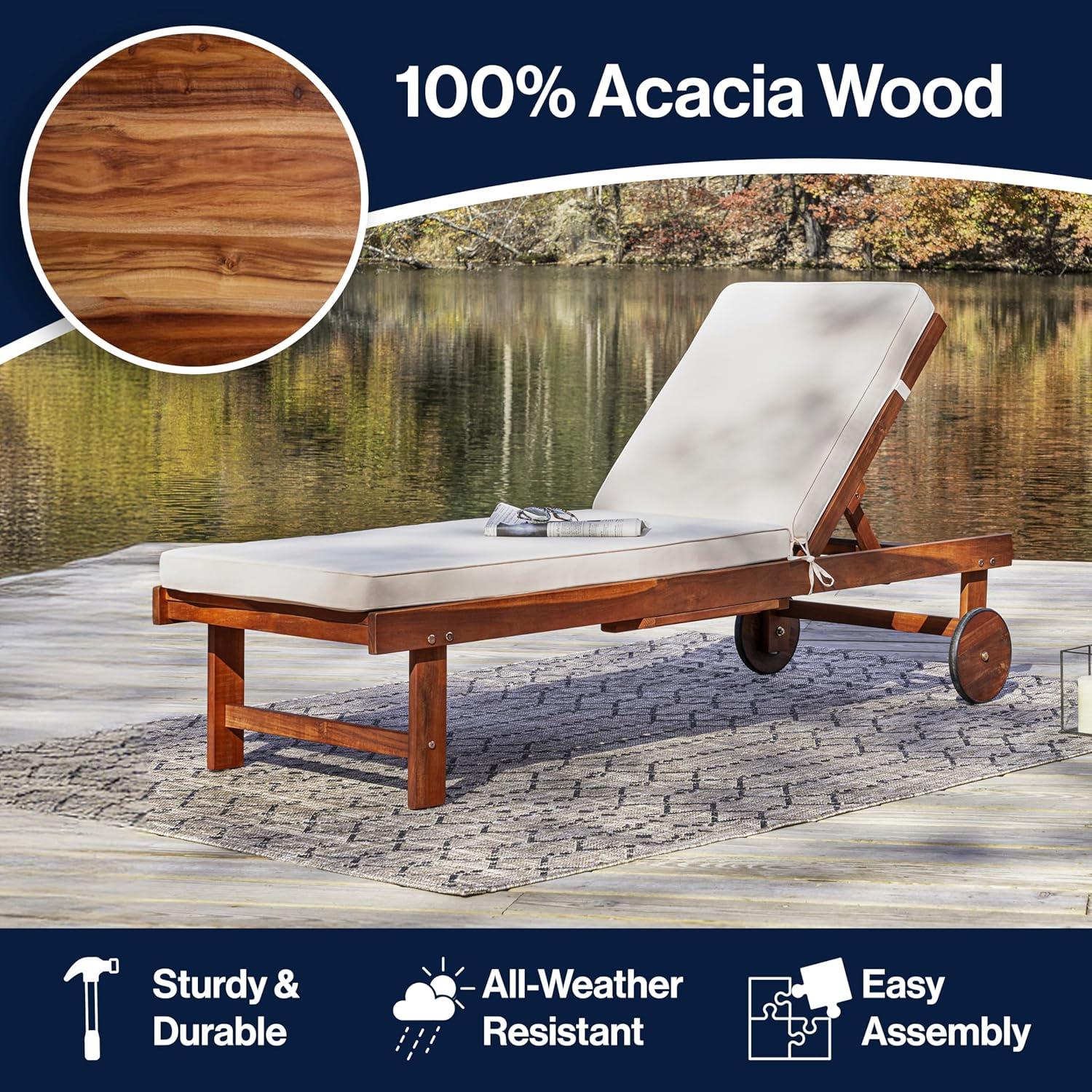 imageJONATHAN Y PAT1003B Seabrook 69 x 24 Inch Outdoor Acacia Wood Lounger with Cushion 5Position Back Slide Table ampamp Wheels for Garden Lawn Backyard Pool Deck Beach Firepit Light BrownLight Brown