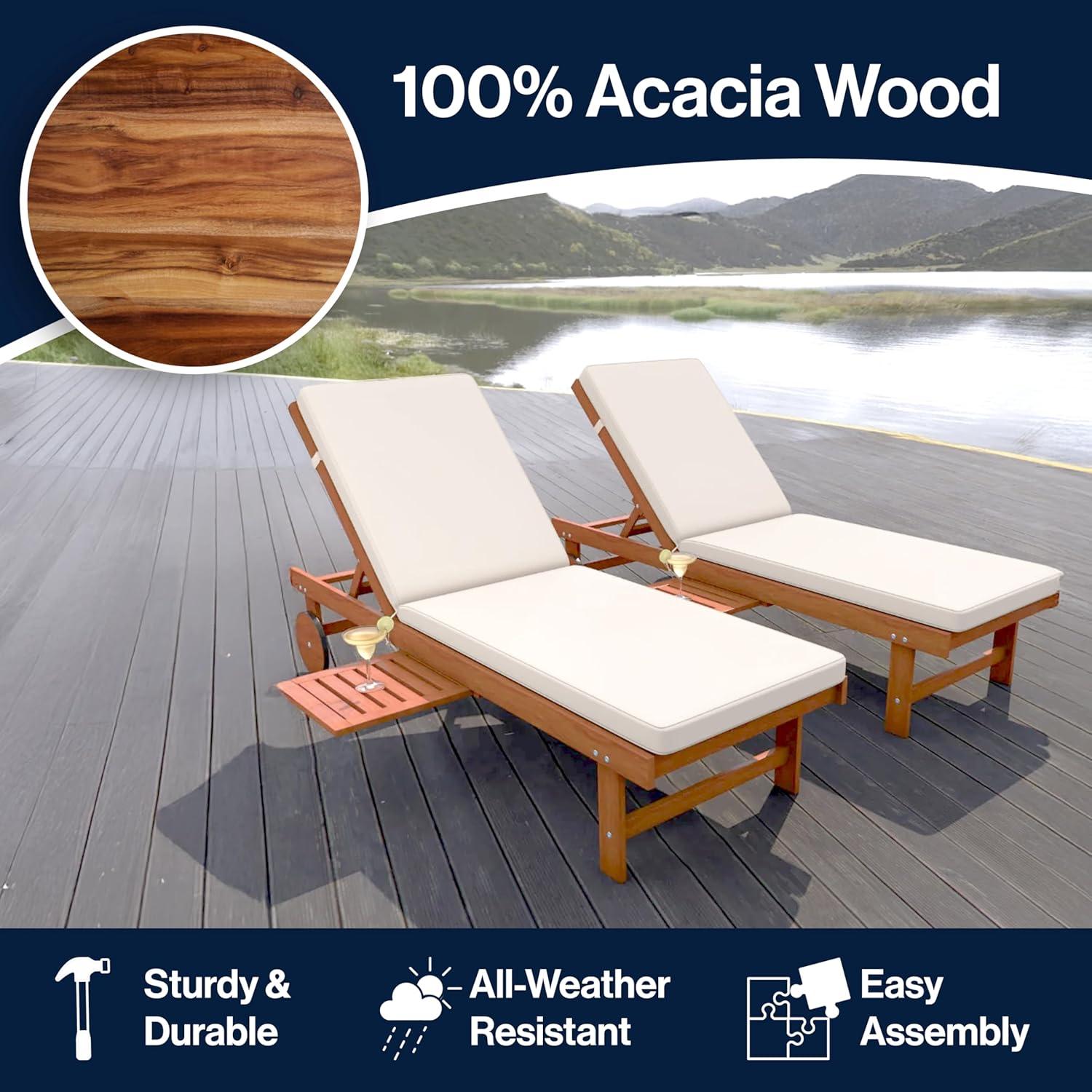 imageJONATHAN Y PAT1003B Seabrook 69 x 24 Inch Outdoor Acacia Wood Lounger with Cushion 5Position Back Slide Table ampamp Wheels for Garden Lawn Backyard Pool Deck Beach Firepit Light BrownDark Brown