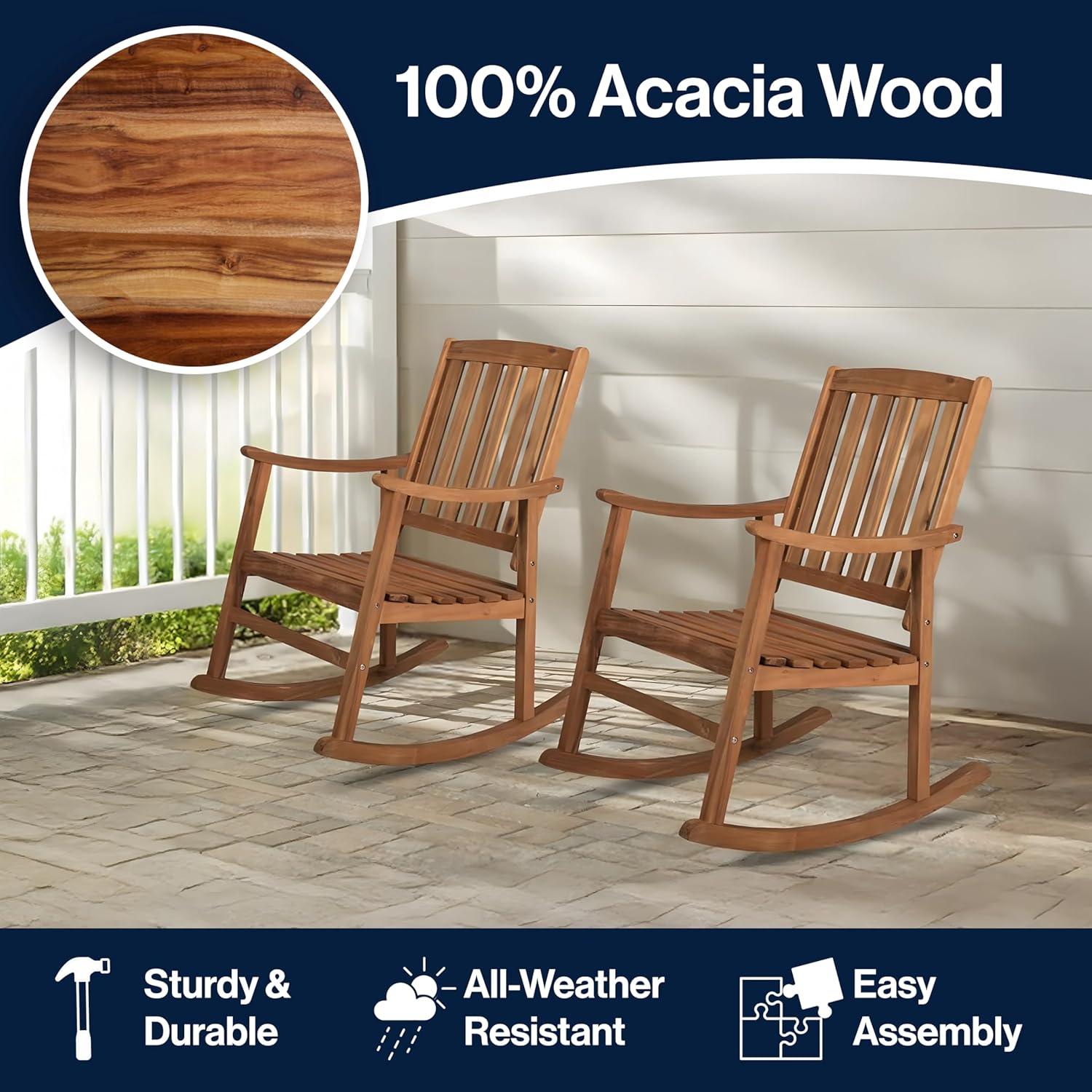 imageJONATHAN Y RCK102ASET2 Wendy Classic SlatBack 300Lbs Support Acacia Wood Patio Outdoor Rocking Chair for Garden Lawn Backyard Pool Deck Beach Firepit Teak Set of 2