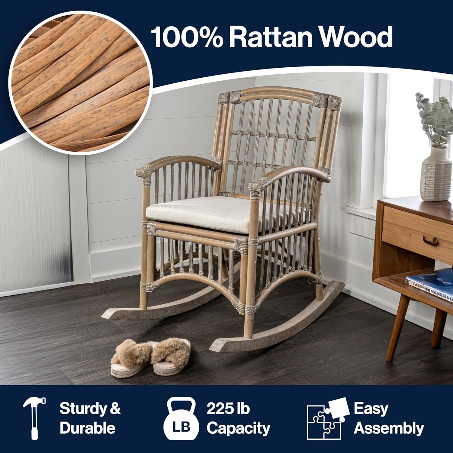 imageJONATHAN Y RCK200A Swayze Bohemian Farmhouse Woven RattanWood Rocking Chair White Cushion with Brown Frame for Home Living Room Bedroom Guestroom Foyer LibraryGrayWhite