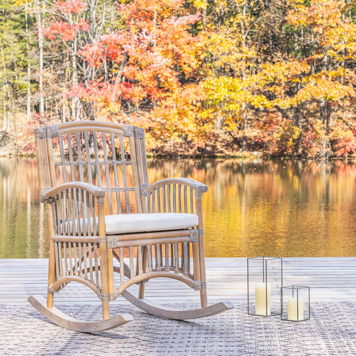 imageJONATHAN Y RCK200A Swayze Bohemian Farmhouse Woven RattanWood Rocking Chair White Cushion with Brown Frame for Home Living Room Bedroom Guestroom Foyer LibraryGrayWhite