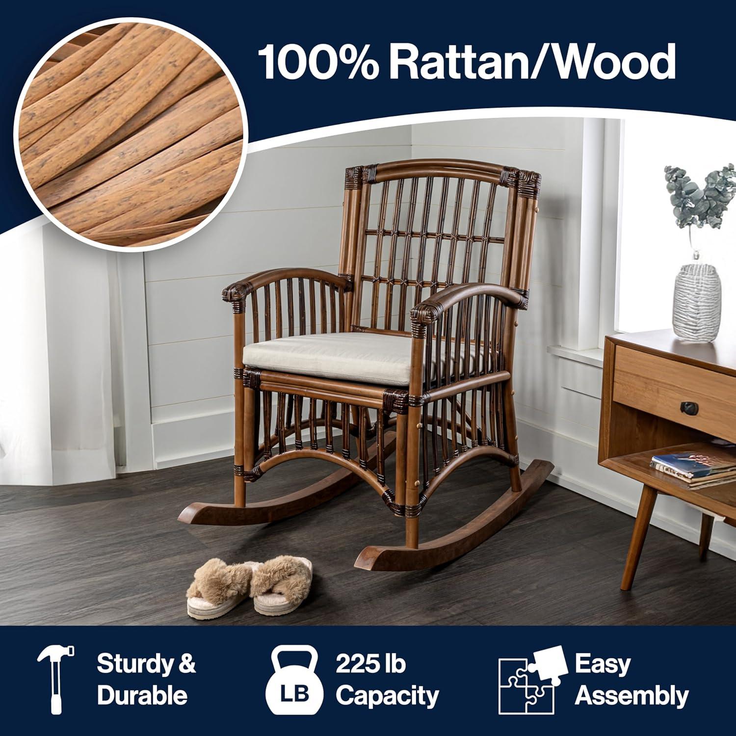 imageJONATHAN Y RCK200A Swayze Bohemian Farmhouse Woven RattanWood Rocking Chair White Cushion with Brown Frame for Home Living Room Bedroom Guestroom Foyer LibraryBrown