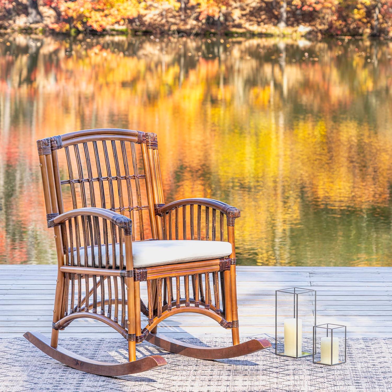 imageJONATHAN Y RCK200A Swayze Bohemian Farmhouse Woven RattanWood Rocking Chair White Cushion with Brown Frame for Home Living Room Bedroom Guestroom Foyer LibraryBrown