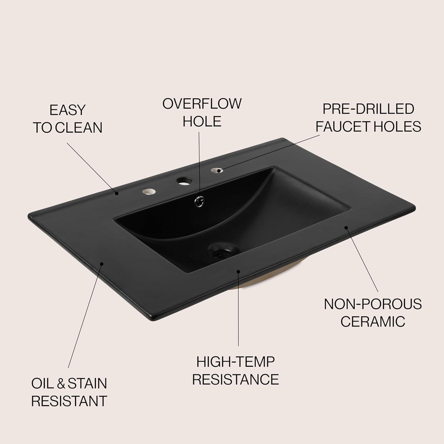 imageJONATHAN Y SNK1001A Ancillary 3Hole 24 in W x 1825 in D Classic Contemporary Rectangular Ceramic Single Sink Basin Vanity Top WhiteBlack