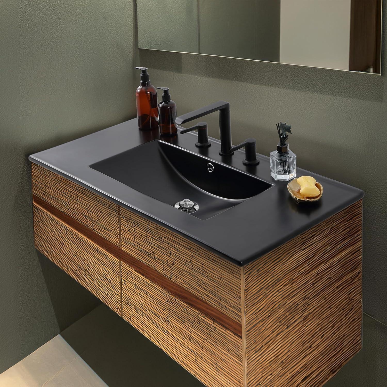 imageJONATHAN Y SNK1001A Ancillary 3Hole 24 in W x 1825 in D Classic Contemporary Rectangular Ceramic Single Sink Basin Vanity Top WhiteBlack