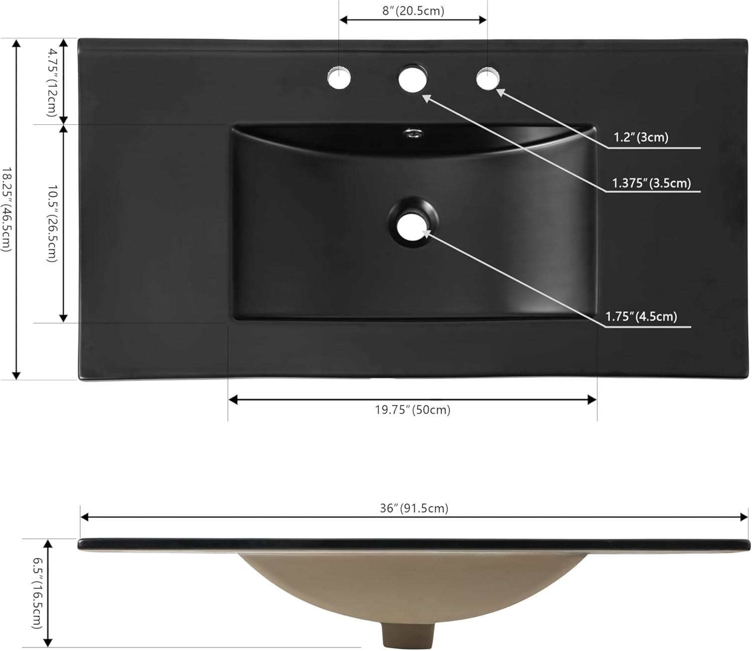 imageJONATHAN Y SNK1001A Ancillary 3Hole 24 in W x 1825 in D Classic Contemporary Rectangular Ceramic Single Sink Basin Vanity Top WhiteBlack