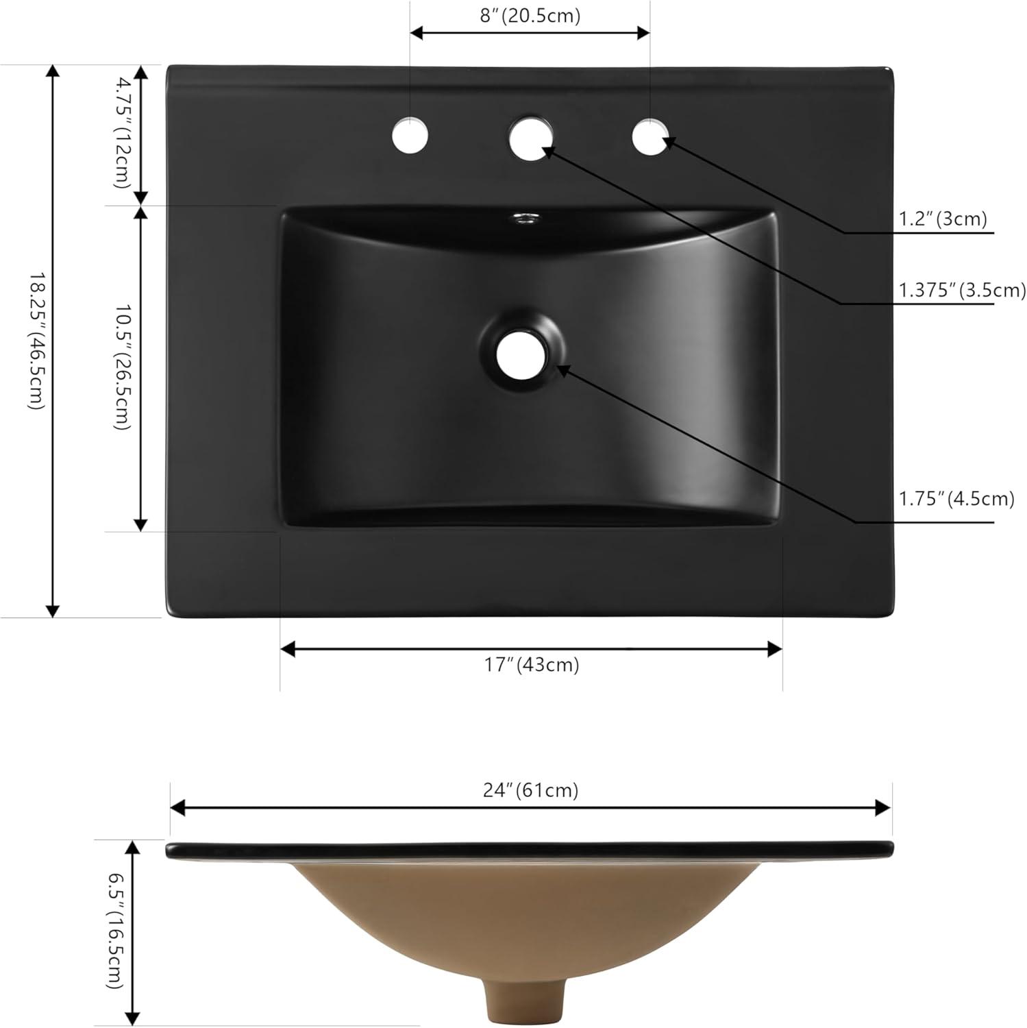 imageJONATHAN Y SNK1001A Ancillary 3Hole 24 in W x 1825 in D Classic Contemporary Rectangular Ceramic Single Sink Basin Vanity Top WhiteBlack