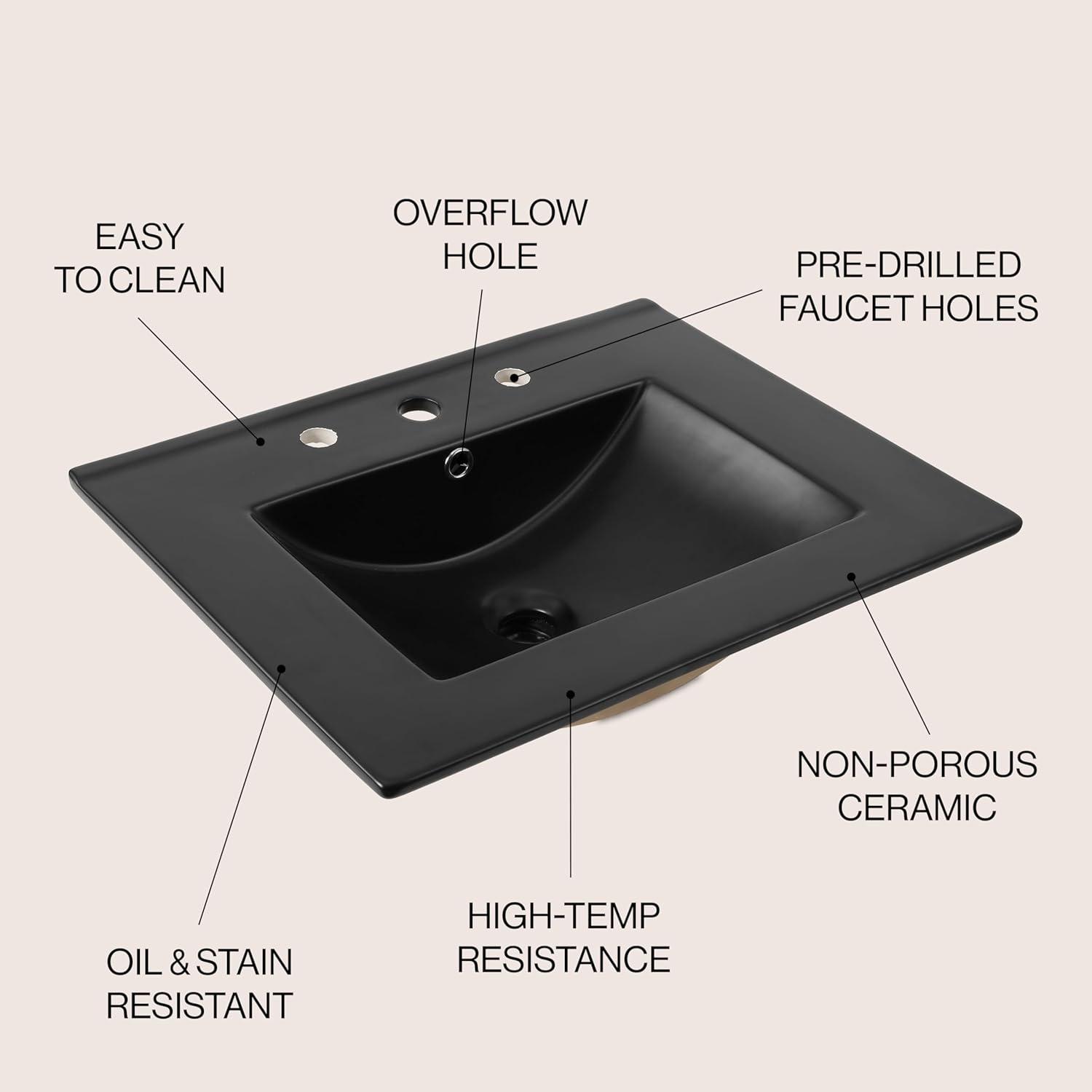 imageJONATHAN Y SNK1001A Ancillary 3Hole 24 in W x 1825 in D Classic Contemporary Rectangular Ceramic Single Sink Basin Vanity Top WhiteBlack