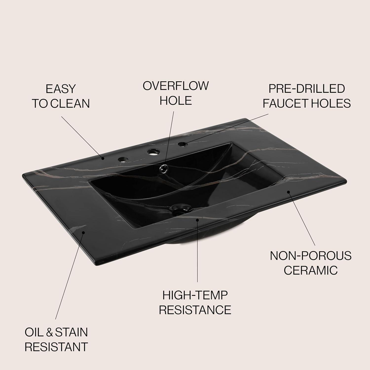 imageJONATHAN Y SNK1001A Ancillary 3Hole 24 in W x 1825 in D Classic Contemporary Rectangular Ceramic Single Sink Basin Vanity Top WhiteBlack Marble