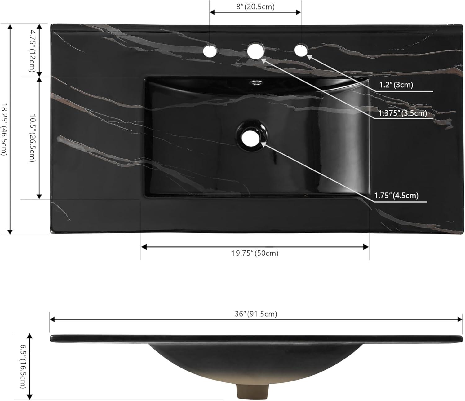 imageJONATHAN Y SNK1001A Ancillary 3Hole 24 in W x 1825 in D Classic Contemporary Rectangular Ceramic Single Sink Basin Vanity Top WhiteBlack Marble
