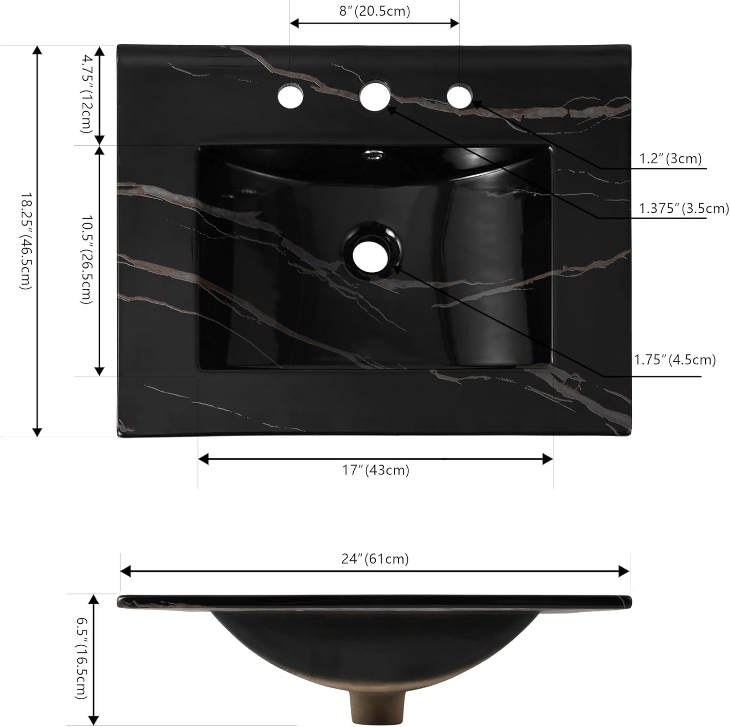 imageJONATHAN Y SNK1001A Ancillary 3Hole 24 in W x 1825 in D Classic Contemporary Rectangular Ceramic Single Sink Basin Vanity Top WhiteBlack Marble