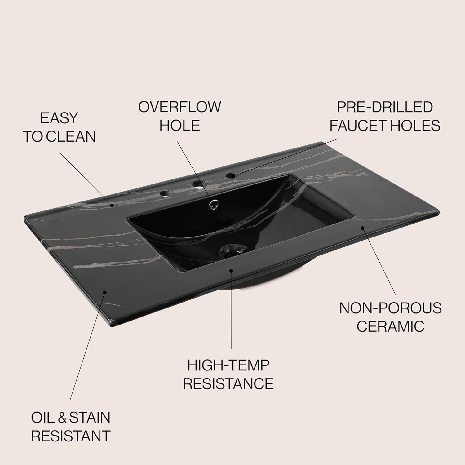 imageJONATHAN Y SNK1001A Ancillary 3Hole 24 in W x 1825 in D Classic Contemporary Rectangular Ceramic Single Sink Basin Vanity Top WhiteBlack Marble