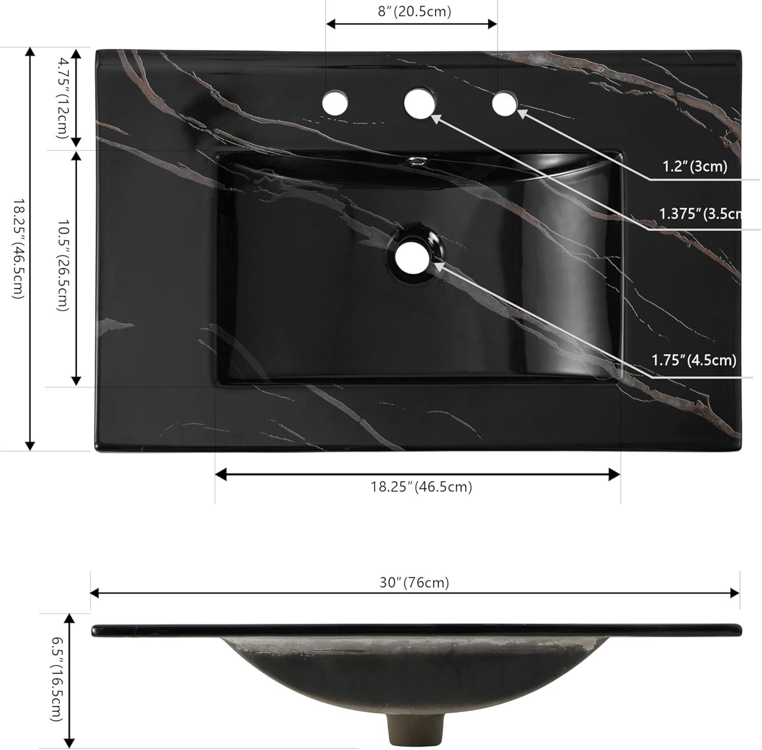 imageJONATHAN Y SNK1001A Ancillary 3Hole 24 in W x 1825 in D Classic Contemporary Rectangular Ceramic Single Sink Basin Vanity Top WhiteBlack Marble
