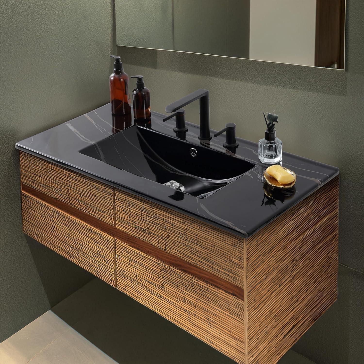 imageJONATHAN Y SNK1001A Ancillary 3Hole 24 in W x 1825 in D Classic Contemporary Rectangular Ceramic Single Sink Basin Vanity Top WhiteBlack Marble