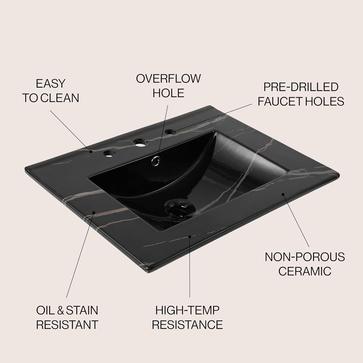 imageJONATHAN Y SNK1001A Ancillary 3Hole 24 in W x 1825 in D Classic Contemporary Rectangular Ceramic Single Sink Basin Vanity Top WhiteBlack Marble