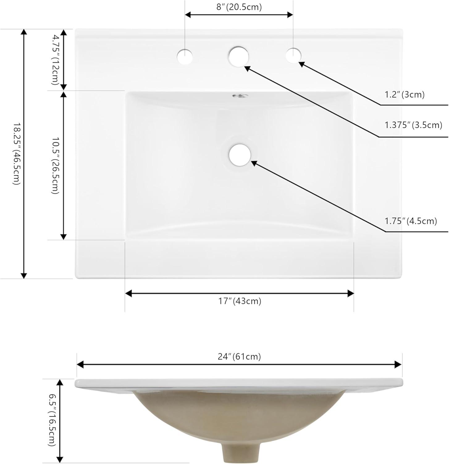 imageJONATHAN Y SNK1001A Ancillary 3Hole 24 in W x 1825 in D Classic Contemporary Rectangular Ceramic Single Sink Basin Vanity Top WhiteWhite