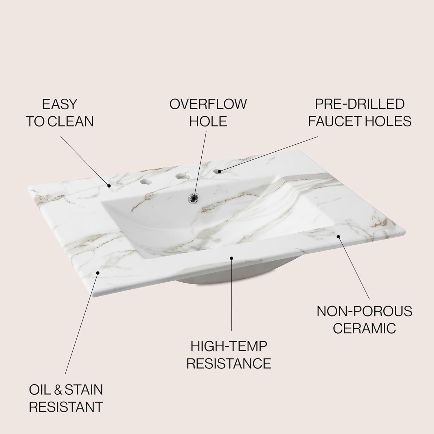 imageJONATHAN Y SNK1001A Ancillary 3Hole 24 in W x 1825 in D Classic Contemporary Rectangular Ceramic Single Sink Basin Vanity Top WhiteWhite Marble