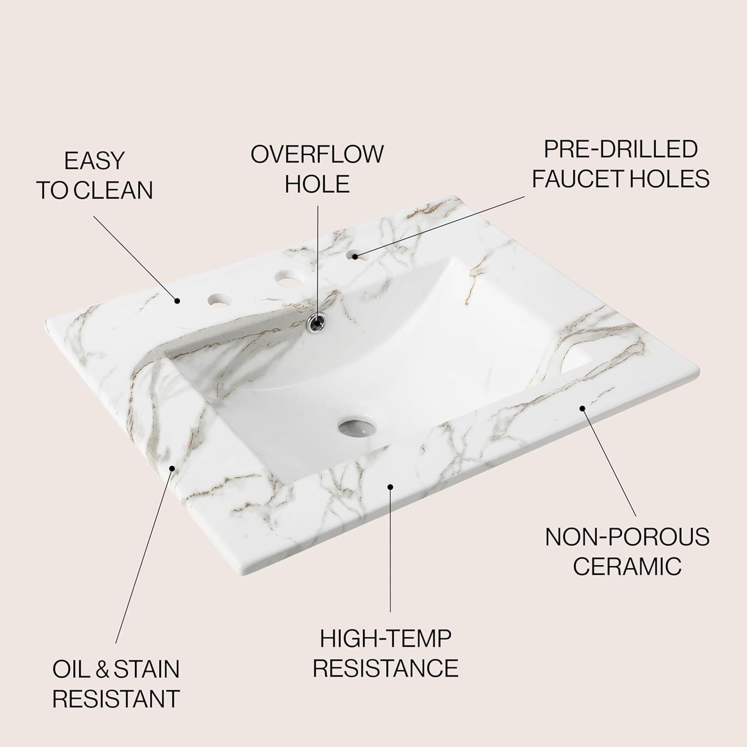 imageJONATHAN Y SNK1001A Ancillary 3Hole 24 in W x 1825 in D Classic Contemporary Rectangular Ceramic Single Sink Basin Vanity Top WhiteWhite Marble