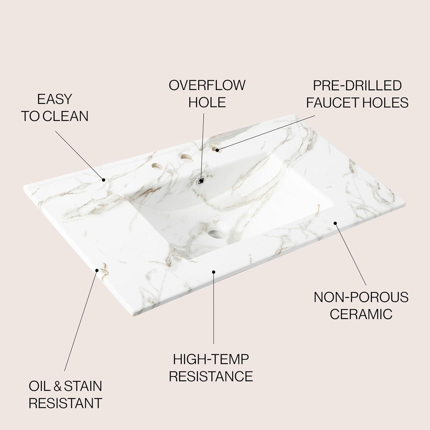 imageJONATHAN Y SNK1001A Ancillary 3Hole 24 in W x 1825 in D Classic Contemporary Rectangular Ceramic Single Sink Basin Vanity Top WhiteWhite Marble